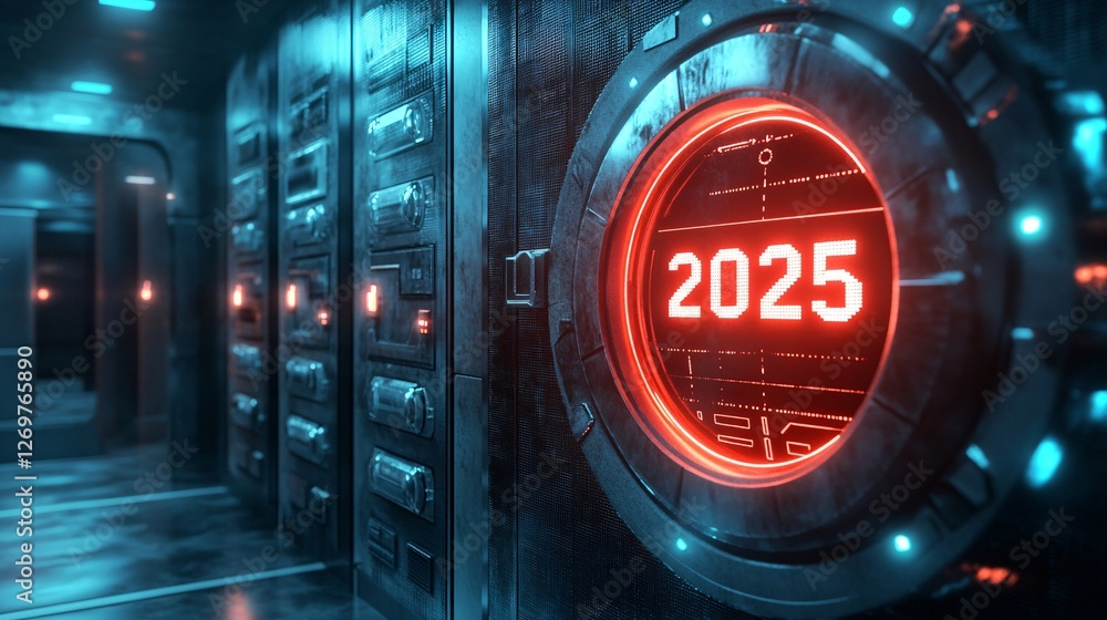 Poster a futuristic digital display shows the year 2025 in bright red, surrounded by a high-tech environmen