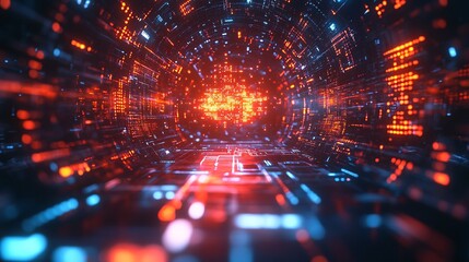 Fototapeta premium A vibrant digital tunnel filled with glowing blue and red circuits, creating a futuristic and immersive technological atmosphere.
