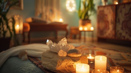 Serene and softly lit retreat room is adorned with crystals, candles