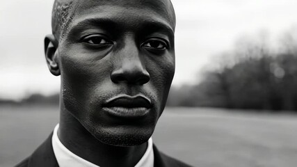 Capturing a focused moment of a man in formal wear against a muted outdoor backdrop in cool lighting conditions