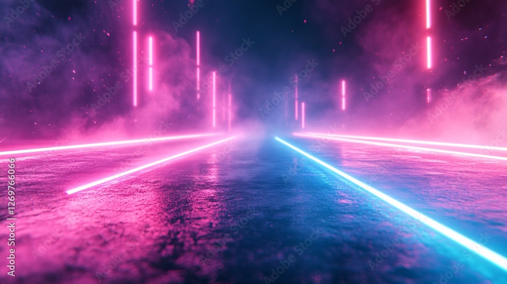 Poster a mesmerizing neon-lit path surrounded by mist, creating a futuristic and ethereal atmosphere.