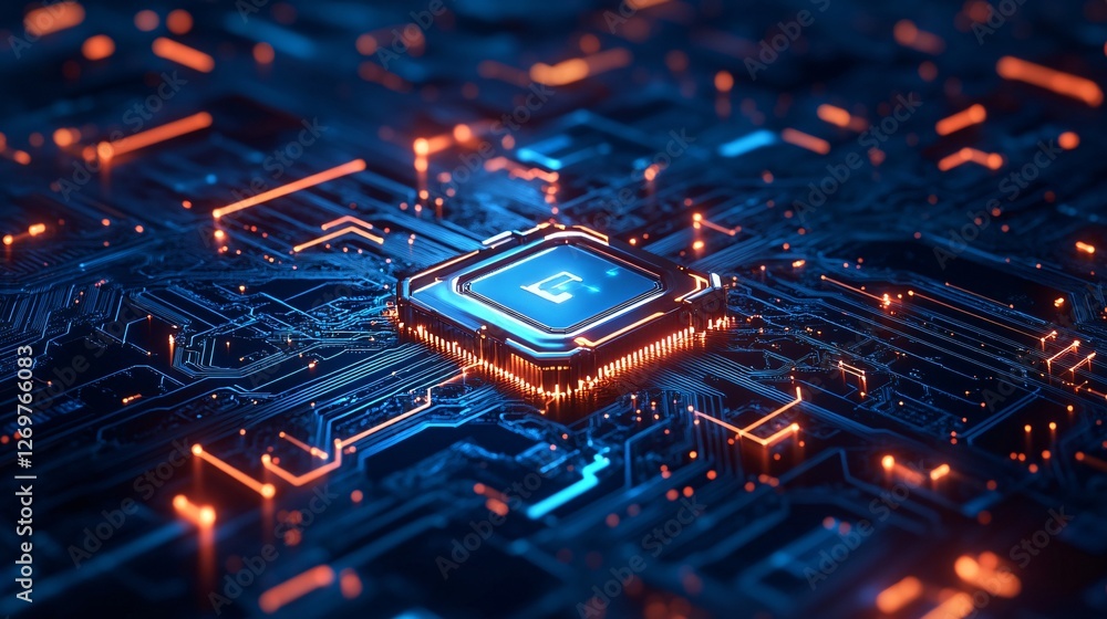 Poster a close-up view of a glowing microchip on a circuit board, showcasing intricate designs and vibrant,