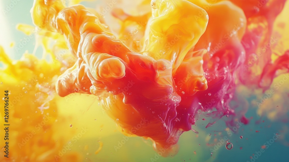 Poster multicolored inks are dissolving and mixing in liquid medium