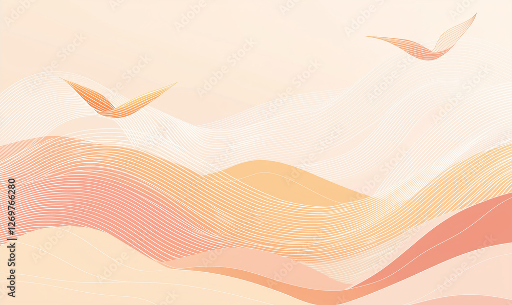 Poster abstract design featuring soft waves in warm tones with flying birds in a serene atmosphere.