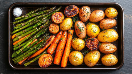 Assorted roasted vegetables on a baking tray