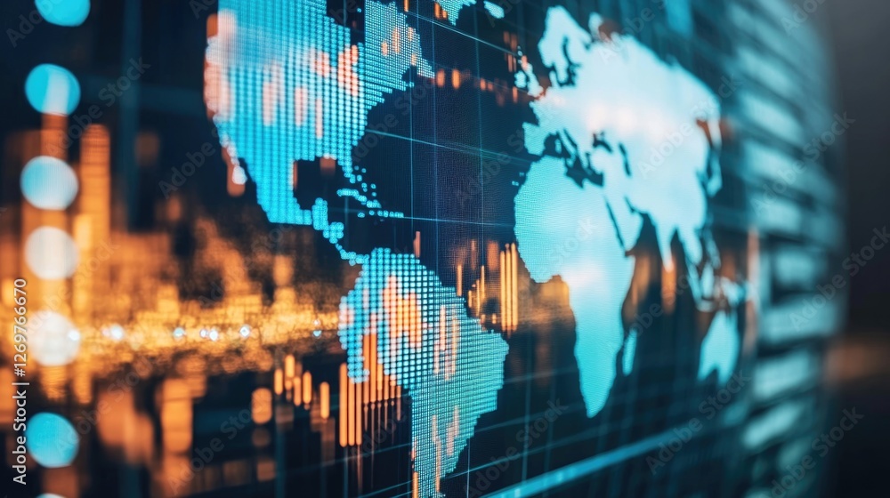 Poster stylish digital world map with glowing data points and modern design.