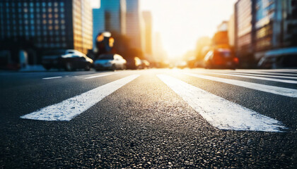 Low angle view of pedestrian crosswalk in urban city, sunset or sunrise in background