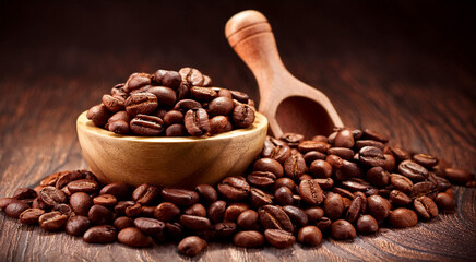 Fototapeta premium coffee beans on old wooden background