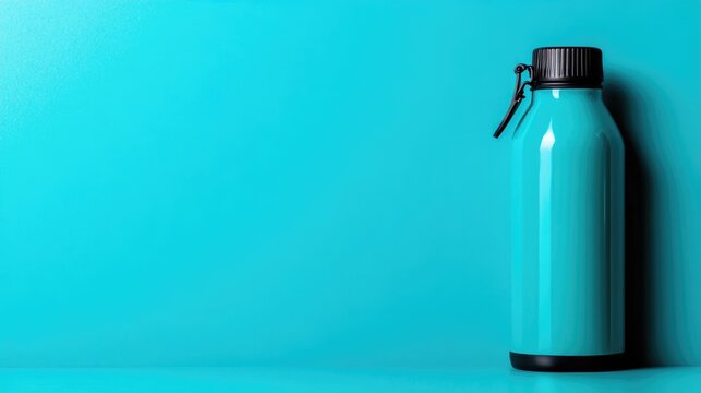 Stylish turquoise water bottle against a vibrant blue background for hydration and wellness.