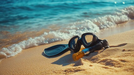 A snorkeling gear set placed on soft golden sand at the beach, symbolizing travel, summer vacations, and ocean exploration. Ideal for tourism promotions, water sports themes, holiday advertisements