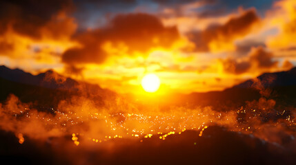 Fototapeta premium Dramatic Orange Sky at Sunset Over Mountain Landscape with Glowing City Lights