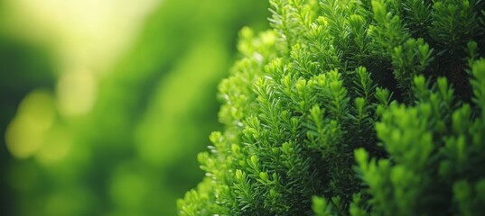 Close-Up of Vibrant Green Thuja Foliage with a Soft Blurred Background, Perfect for Natural Textures