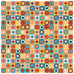 A vibrant design featuring an array of squares and circles in various colors, creating a lively geometric pattern.