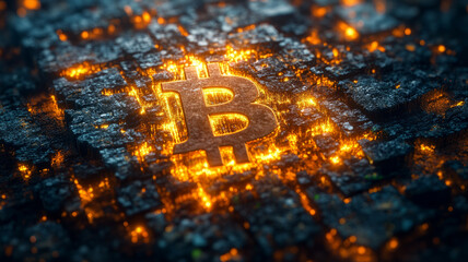 Glowing Bitcoin symbol on a digital abstract background.