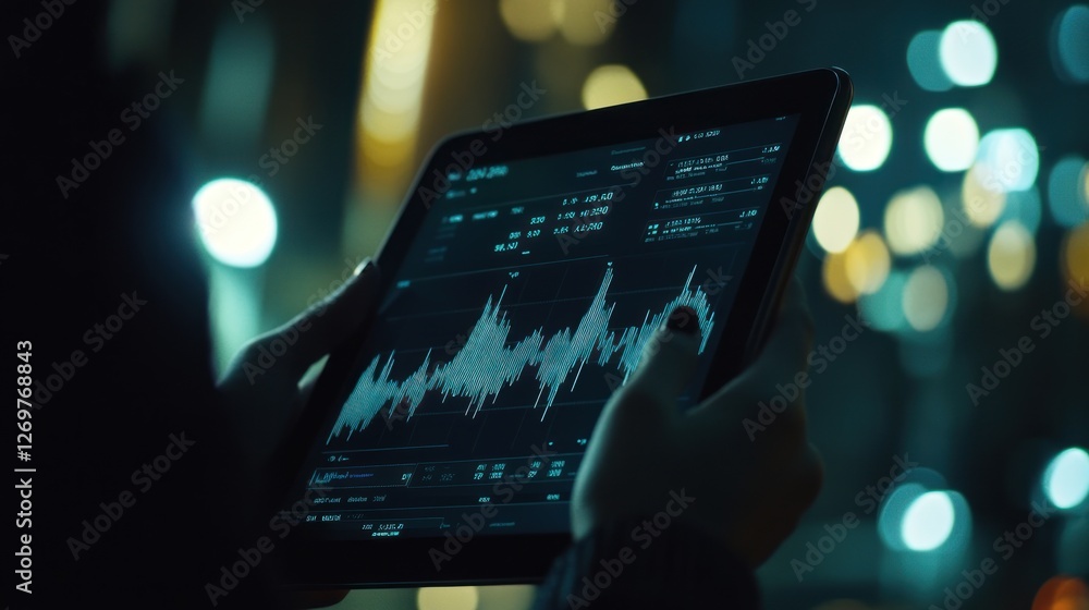 Poster hands hold tablet displaying a financial chart at night