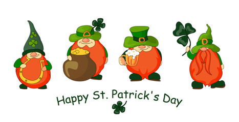 
Hand-drawn vector illustration of a Happy St. Patrick's Day gnome banner design in cartoon style. Vector
