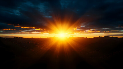 Dramatic Sunset Over Hilly Horizon with Dark Cloudscape and Intense Golden Sun Rays