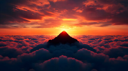 Fototapeta premium Dramatic Sunset Over Mountain Peak Emerging From Thick Cloudscape in Orange and Red Sky