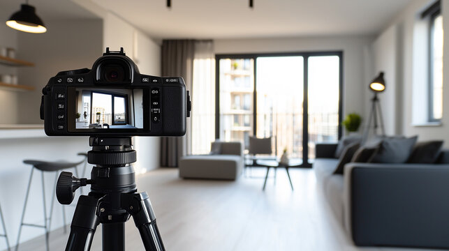 Camera on a tripod capturing an apartment interior for real estate photography