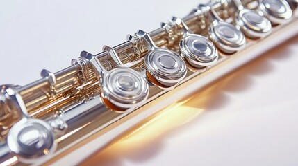 Fototapeta premium Close up of a flute with silver keys reflecting the light isolated on a white background