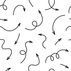 Abstract seamless pattern with various doodle arrows. Hand drawn black arrows on white background. Simple squiggly wallpaper design. Vector illustration.