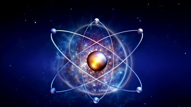 atom on dark background, abstract atomic structure with orbiting particles in colorful space for futuristic presentations