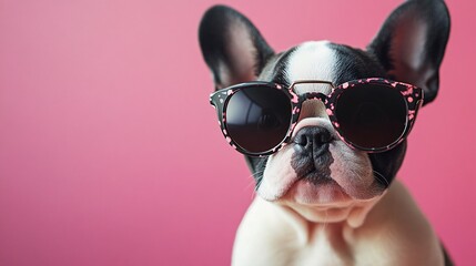 A stylish French Bulldog wearing sunglasses poses against a pink background, showcasing its adorable and trendy personality.