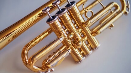 Close up of a shiny brass trumpet resting on a white surface highlighting its gleaming surface and valves