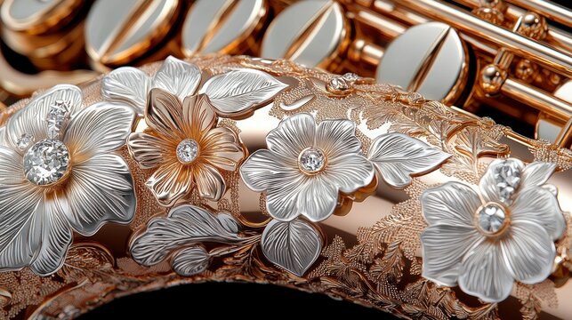 Ornate saxophone head joint, close-up, intricate floral design, background of other saxophone parts