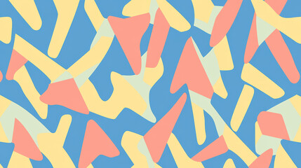 Obraz premium Abstract geometric pattern with bold triangles and sharp, colorful shapes in shades of yellow, coral, and light green on blue background, creating dynamic and modern design