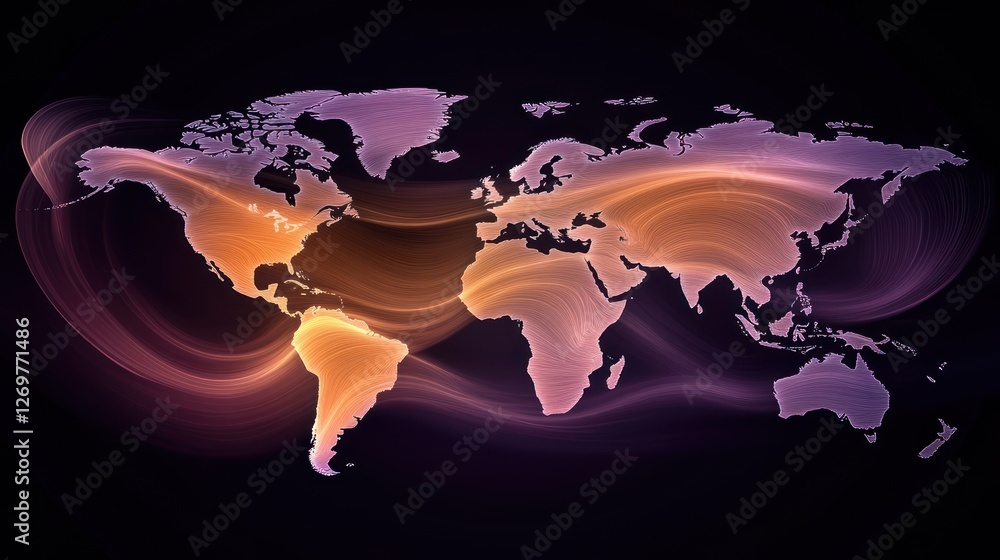 Poster abstract world map illustrated with glowing waves on black background