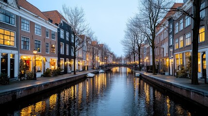 Fototapeta premium Scenic canal in Amsterdam lined with historic brick houses and glowing streetlights at dusk.