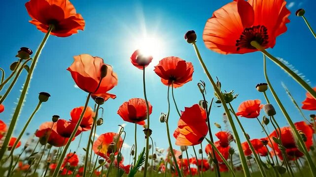 Sunny Poppy Field Low Angle Summer Bloom