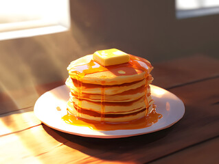 Capture a stack of pancakes drenched in maple syrup, with butter melting on top, during soft golden hour lighting.