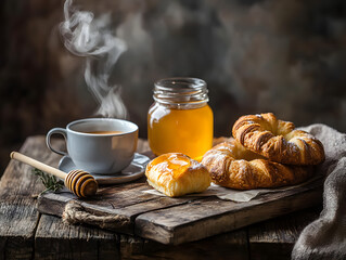 A rustic wooden table with a steaming cup of coffee, a honey jar, and croissants on it. The background is dark brown, creating a contrast to highlight the warm tones of the food items
