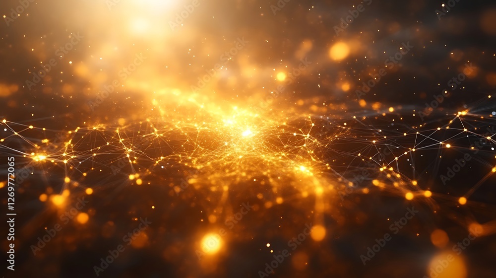 Poster golden network, abstract connection of light and data points radiance
