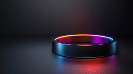 A 3D glass crystal transparent circle geometric figure with a glossy finish, displaying light dispersion and a holographic color gradient against a black background. Abstract and modern design element