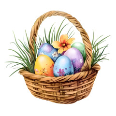 Watercolor cozy Easter rustic wicker basket with colorful eggs, wild flowers, and greenery, clipart isolated on a white background.