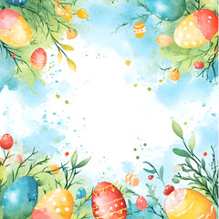 Watercolor Easter frame, cute cartoon style, white background, colorful eggs in the corners, pastel colors.