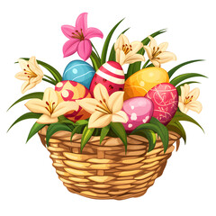 Easter clipart busket with eggs and lilies flat simple low detailed isolated on white background.