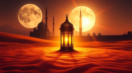 Glowing Lantern in Desert at Sunset with Mosque Silhouette