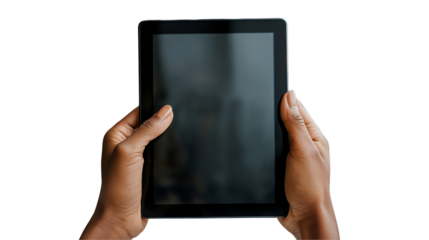 Person Holding Tablet Modern Black Device, Blank Screen for App and Mobile Gadgets, isolated on transparent background.