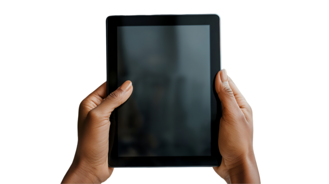 Person Holding Tablet Modern Black Device, Blank Screen for App and Mobile Gadgets, isolated on transparent background. - Powered by Adobe