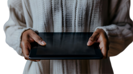 Woman Holding Tablet Cozy Sweater Style, Blank Screen for App and Gadget Displays, isolated on transparent background.