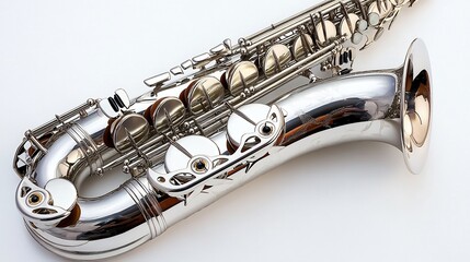 Obraz premium Close up of a silver saxophone lying on a white background its reflective surface showcasing the keys and bell