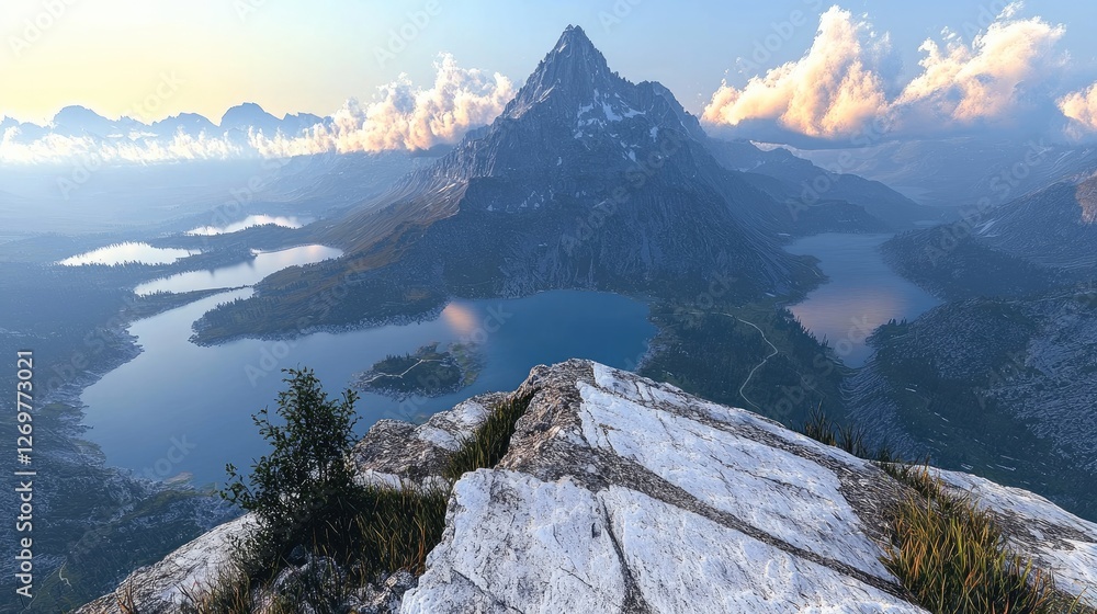 Poster a breathtaking view from the peak of mountain, overlooking a valley filled with floating islands and