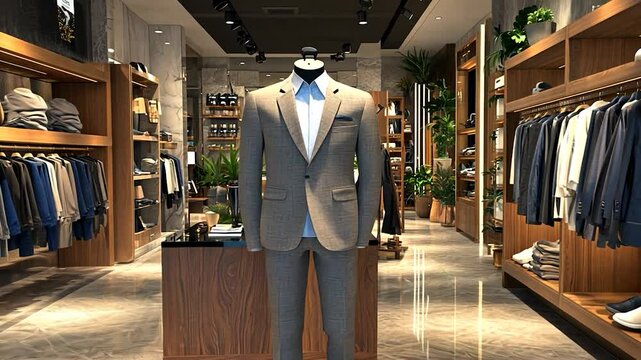 Modern menswear boutique interior; suit display; shopping