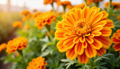 Vibrant marigold flowers blooming in greenhouse, natural beauty