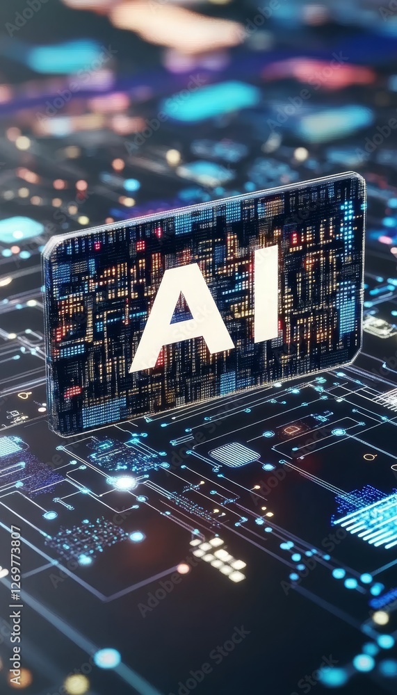 Poster ai text on futuristic microchip, artificial intelligence and technology concept, 3d render