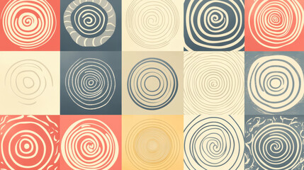 Bright spirals in bold and dynamic circular motifs create fluid and hypnotic pattern across grid of warm and cool tones, evoking sense of movement and energy